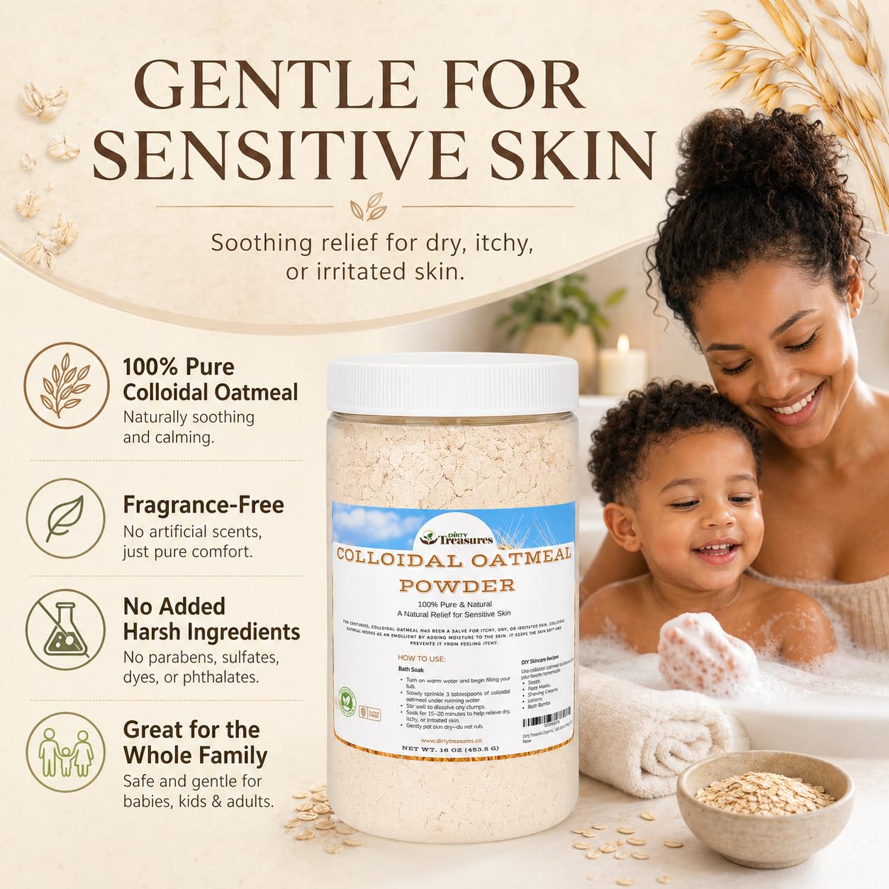 Dirty Treasures Colloidal Oatmeal Bath | Eczema & Itchy Skin Relief | Baby-Safe, 100% Natural, Fragrance-Free | 1 lb (16oz)