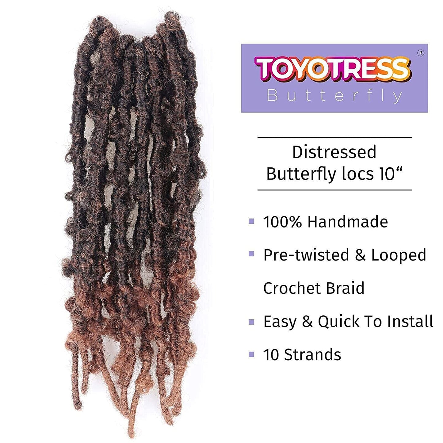 Toyotress Butterfly Locs Crochet Hair - 10 inch 7Pcs Ombre Brown Pre-twisted Distressed Crochet Braids, Short Bob Faux Locs Pre-looped Synthetic Braiding Hair Extensions (10 Inch, T30-7P)