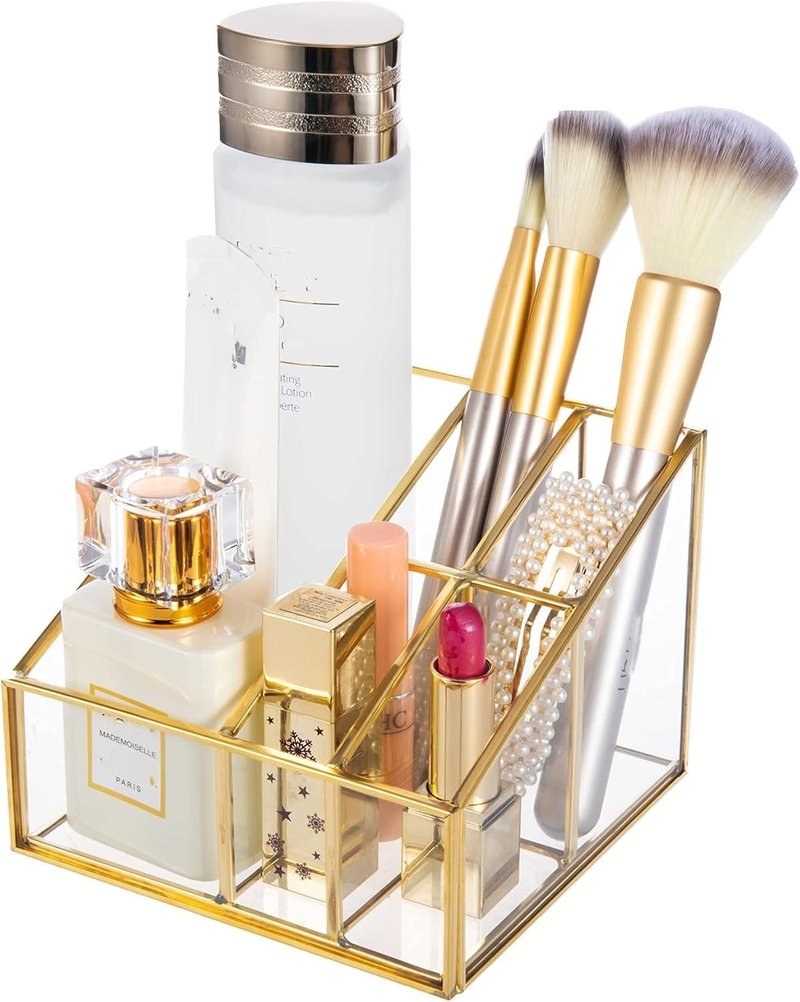Feyarl Glass Makeup Organizer 5 Slot Cosmetic Brush Holder Vanity Storage for Makeup Jewelry Dresser Tabletop Desk Accessories Case