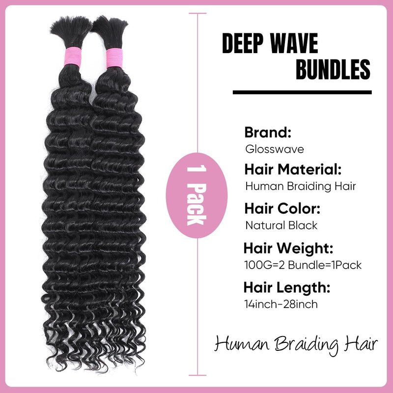 Human Hair Bundles - 16 Inch Deep Wave, Virgin Curly, Knotless Boho Braids (Natural Color)