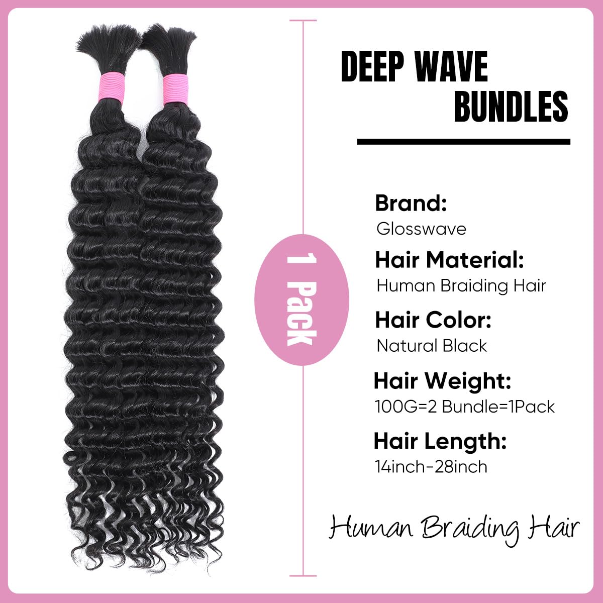 Human Braiding Hair for Boho Braids 14 Inch 2 Bundles 100g Deep Wave Bulk Hair 12A Virgin Curly for Knotless Braids (Natural Color)