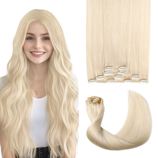 Sweetmet Air2.0 Clip in Hair Extensions Real Human Hair 20inch 4pcs Color #60 Platinum Blonde Remy Real Human Hair Extensions Clip ins 60g Thick Seamless Double Weft for Women（#60-20inch）