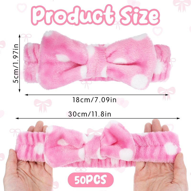 Prasacco 50 Pcs Pink Spa Headband for Women, Soft Coral Fleece Headband for Washing Face Cute Skincare Headbands with Bow Elastic Polyester Makeup Headbands for Women Girls