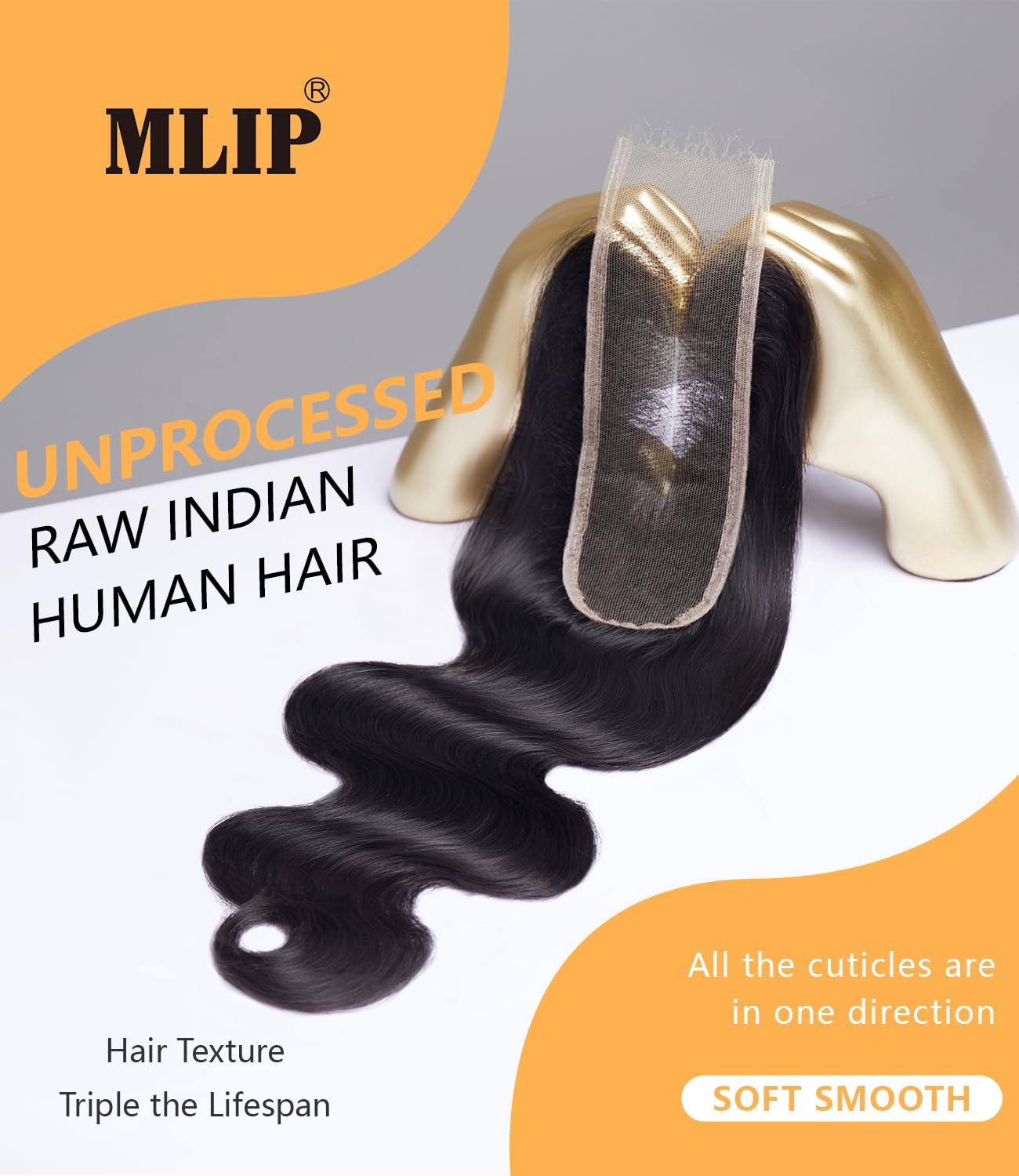 Mlip 2x6 HD Lace Closure Body Wave, 0.10mm Ultra Thin Invisible Swiss Lace, Skinlike Real HD Lace Melt into Skin Perfectly, Pre-plucked Natural Hairline, Raw Indian Human Hair 12 Inches Natural Color