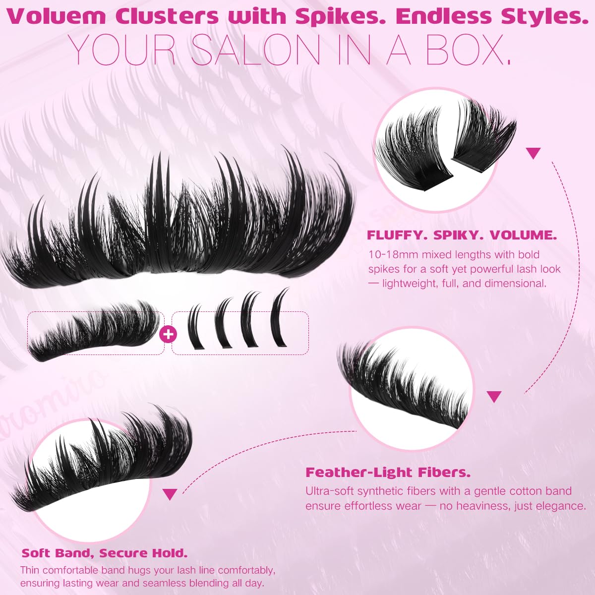 Kiromiro Lash Clusters With Spikes Fluffy Cluster Eyelash Extensions 10-18mm Volume Eyelash Clusters DIY Thick Cluster Lashes with 14-20mm Spikes Lash Clusters