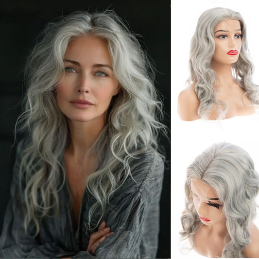 Wiwige Long Curly Wavy Gray Lace Wig for Women Middle Part Small Lace Front Wig Synthetic Halloween Cosplay Costume Replacement Wigs