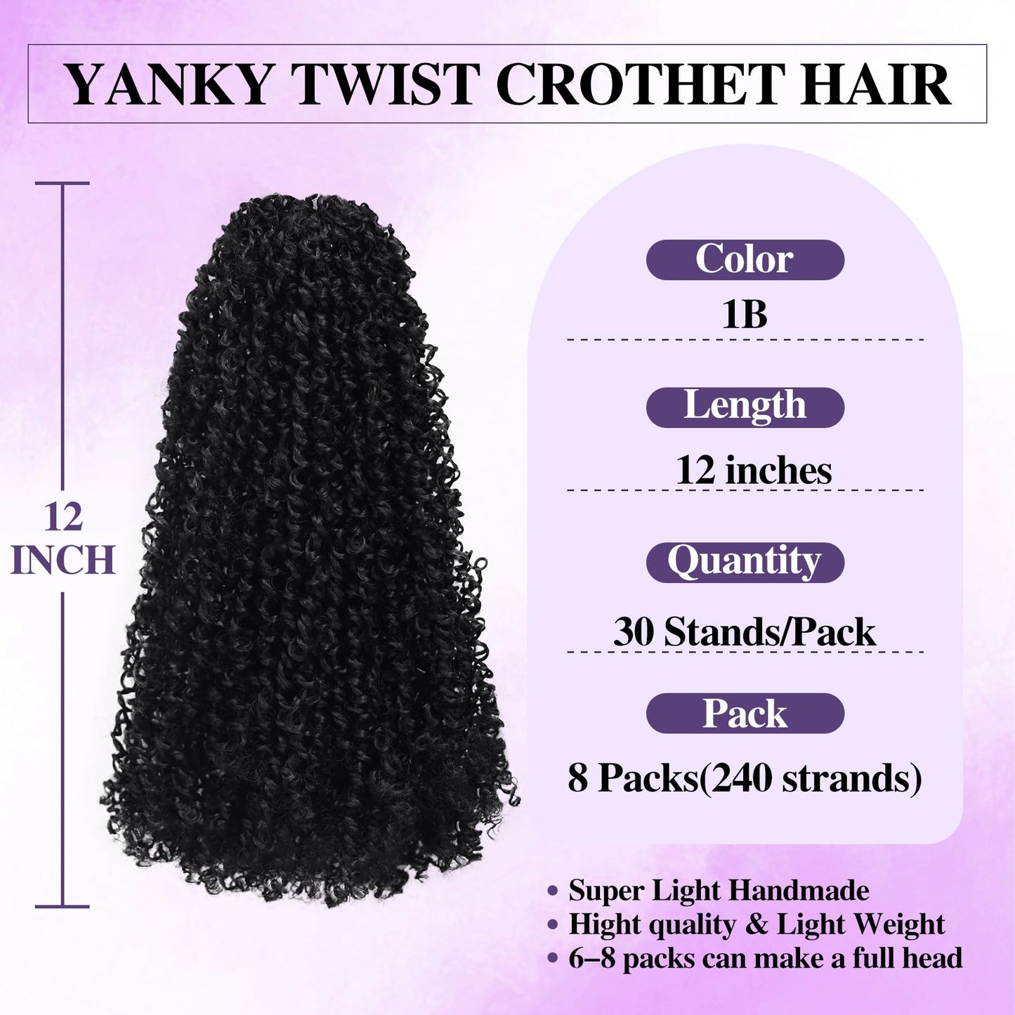 Yanky Twist Crochet Hair for black women 12 Inch 8 Packs 30 Stands/Pc,Pre-looped Fluffy Spring Mini Twist Passion Twist Natural Black Synthetic Crochet Braids Braiding Hair(12 Inch, 1B-8P)