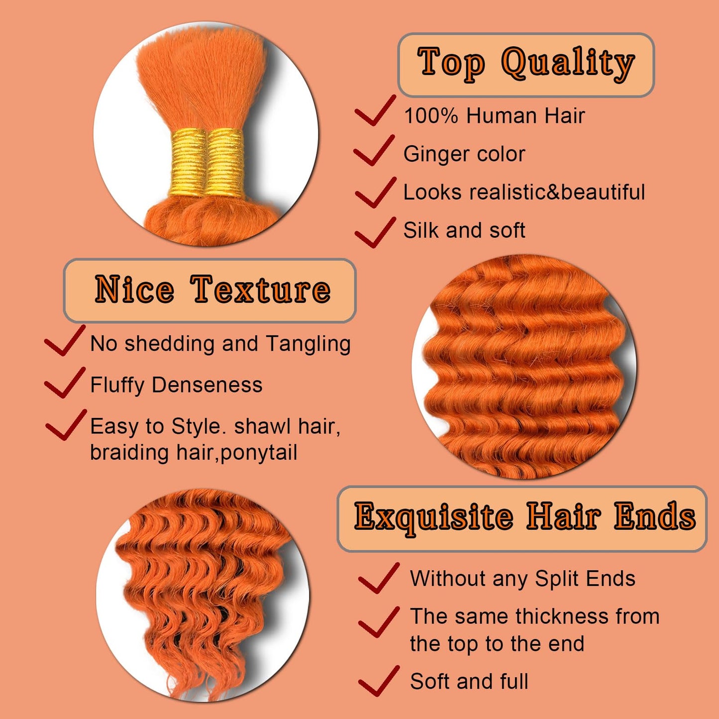 Ginger Human Braiding Hair 16 Inch 100 g 2 Bundle Deep Water Wave Bulk Human Hair for Braiding Curly Human Hair for Boho Braids Wet and Wavy Human Hair Extensions No Weft Micro Braiding Hair