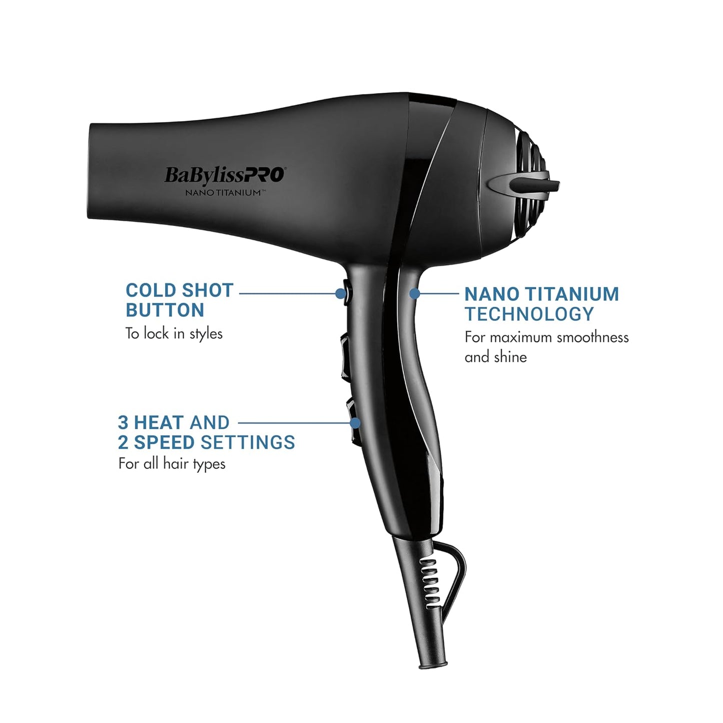 BaBylissPRO Nano Titanium Blow Dryer - 2000-Watt Ionic Styling Tool with Concentrator Nozzle