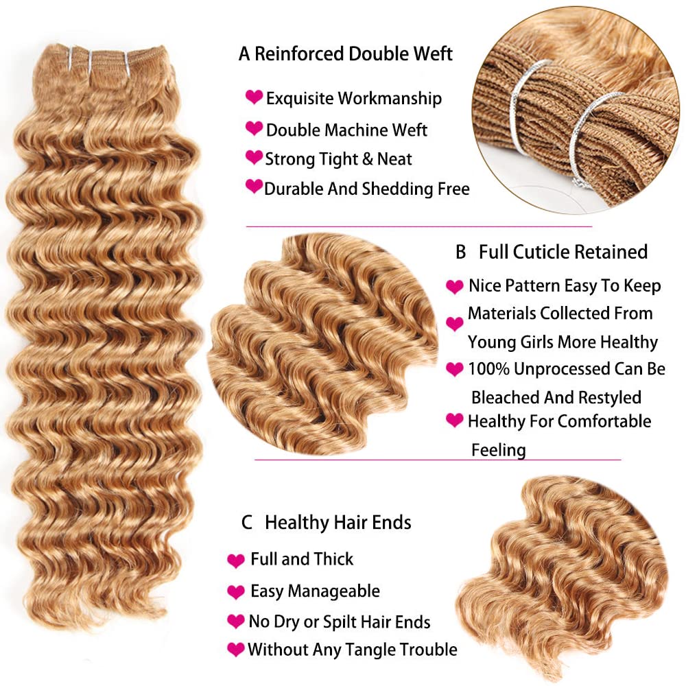 Honey Blonde Human Hair Bundles Color 27 Deep Wave Bundles Human Hair Unprocessed Brazilian Virgin Hair 3 Bundles 12 14 16 Inch Honey Blonde Deep Wave Bundles