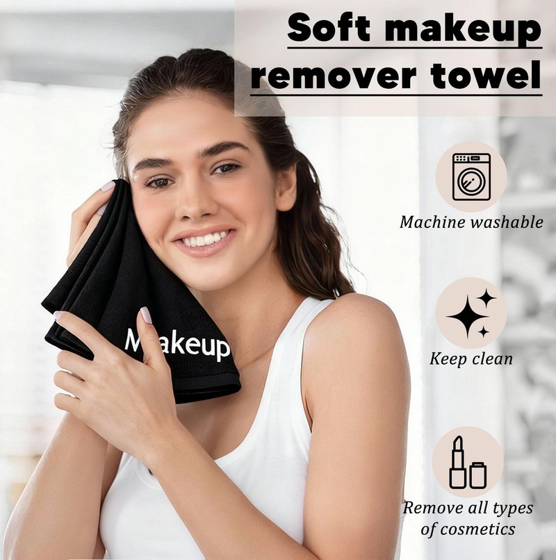 POTPTPT 12Pack Makeup Remover Towels Cotton Cosmetic 13x13 Inch Facial Cleansing Makeup Towels Soft Washcloths with Mesh Bag for All Skin Types Care Black
