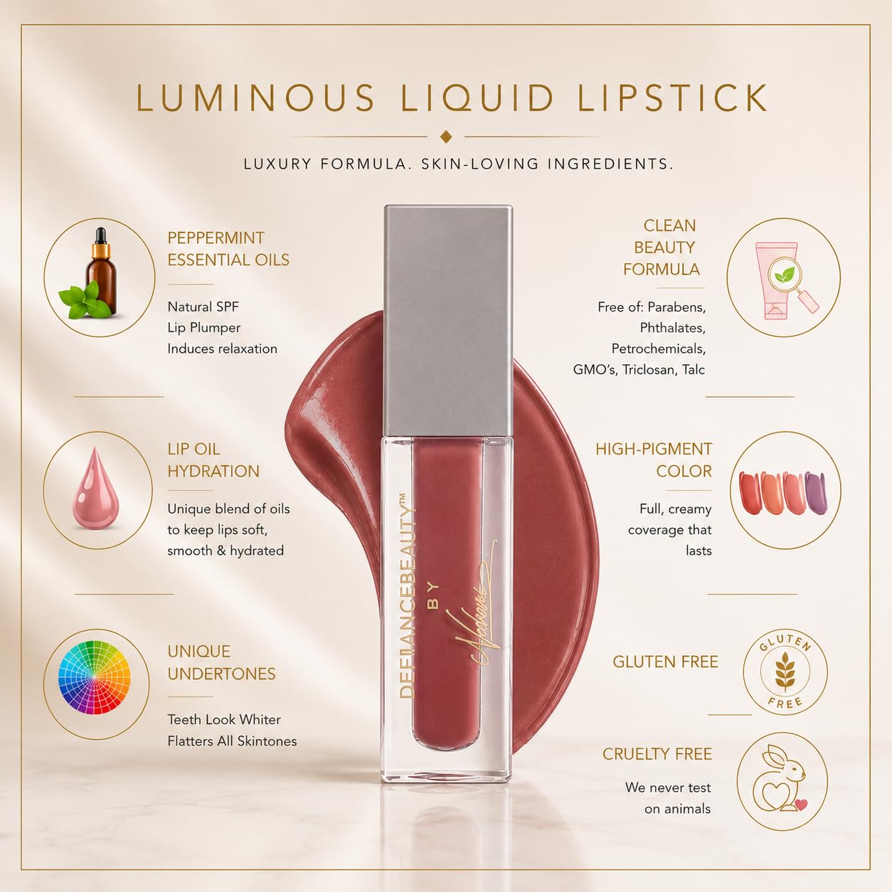 Defiance Beauty Luminous Liquid Lipstick Warrior Makeup Clear Lip Gloss Long Lasting Shades Neutral Pink undertone Color & High Comfort Lipstick for Longwear