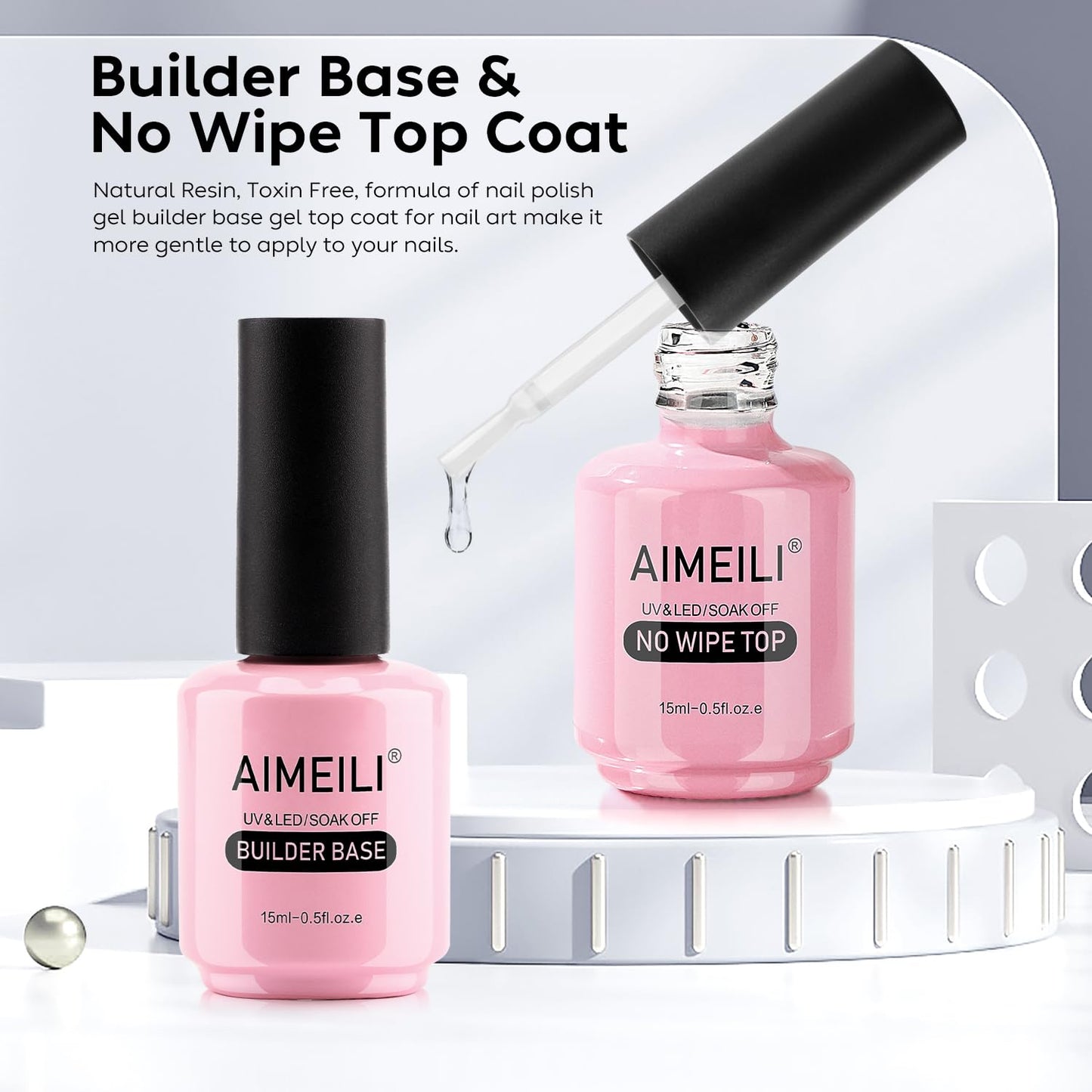 AIMEILI Soak Off Hema-Free Gel Nail Polish Cruelty Free Vegan Builder Base and No Wipe Top Set - 2 x 15ml