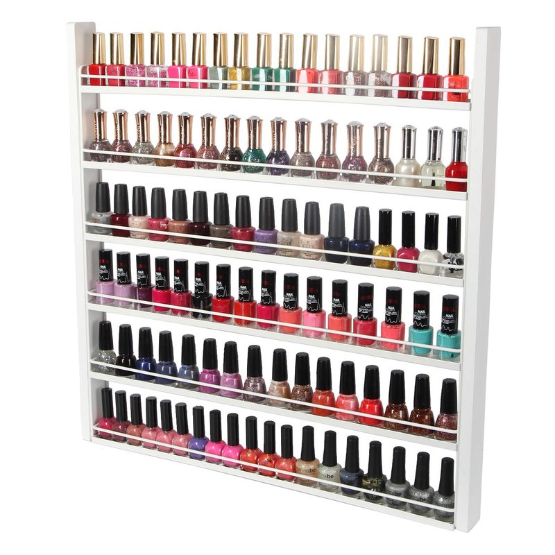 White Wood Nail Polish Organizer - 6-Tier Wall Mount Display Rack for 100 Bottles | Makeup & Essential Oil Storage