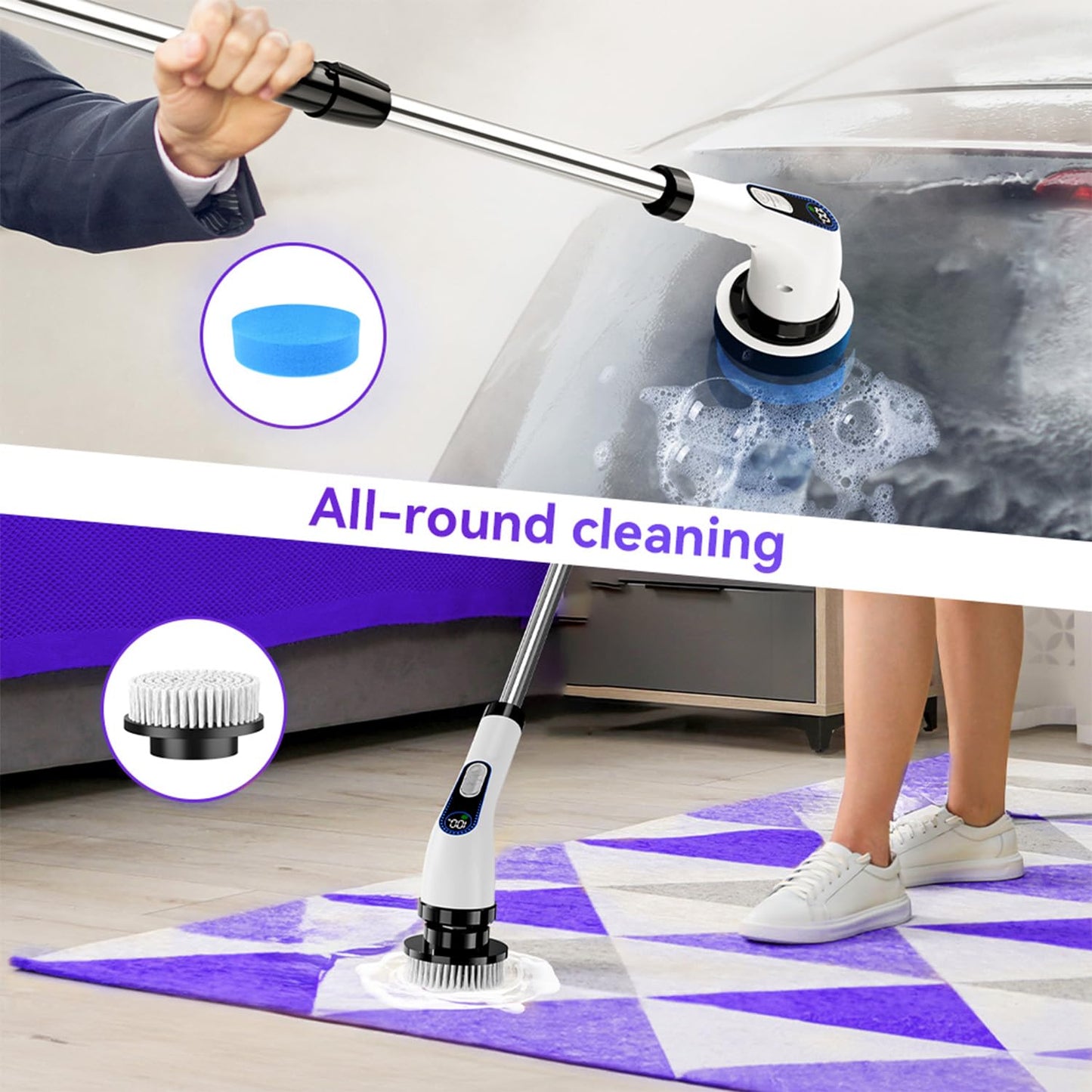 848 Store Electric Spin Scrubber Cordless – Powerful Bathroom Cleaning Brush with Long Handle, 2 Speeds, 3000mAh Rechargeable, 7 Brush Heads, Wall Hanger & Crevice Tools – Shower, Tub & Tile Cleaner
