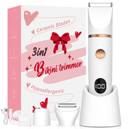 Crolanli Bikini Trimmer for Women, 3-in-1 Electric Razor, IPX7 Waterproof Ceramic Blades, Wet & Dry Use, LED Display, Painless Shaver for Bikini, Face, Underarms, Legs, Home Travel (White)