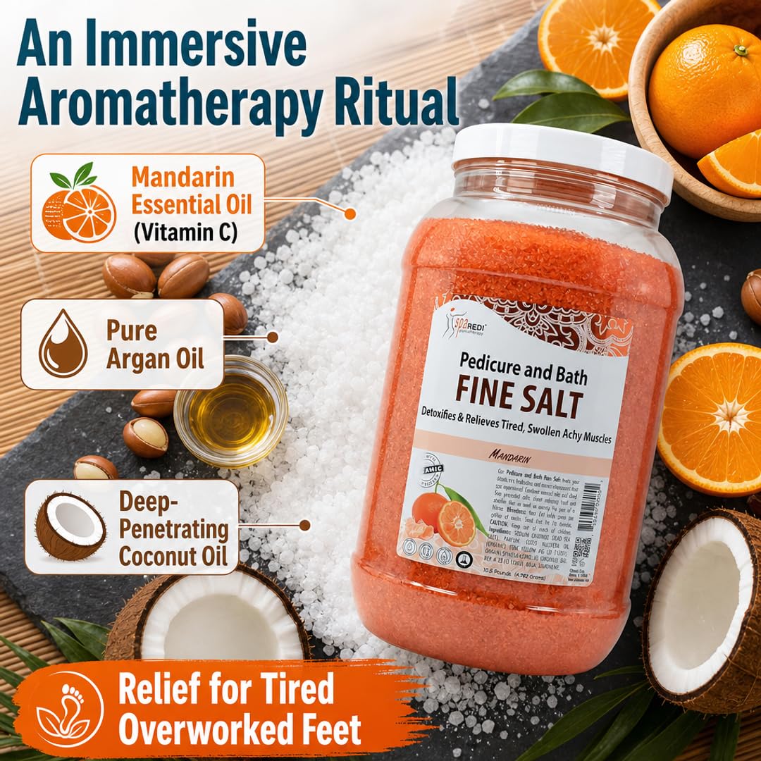 SPA REDI - Detox Foot Soak Pedicure and Bath Fine Salt, Mandarin, 128 Oz - Made with Dead Sea Salts, Argan Oil, Coconut Oil, and Essential Oil - Hydrates, Softens and Moisturizes