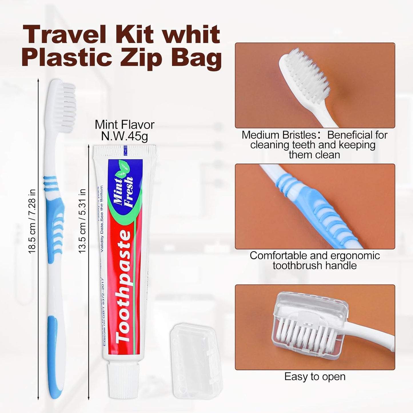 Disposable Toothbrushes with 45g Toothpaste - Travel Kit in White Zip Bag | Bulk Pack for Hotels & Shelters (20 Count)