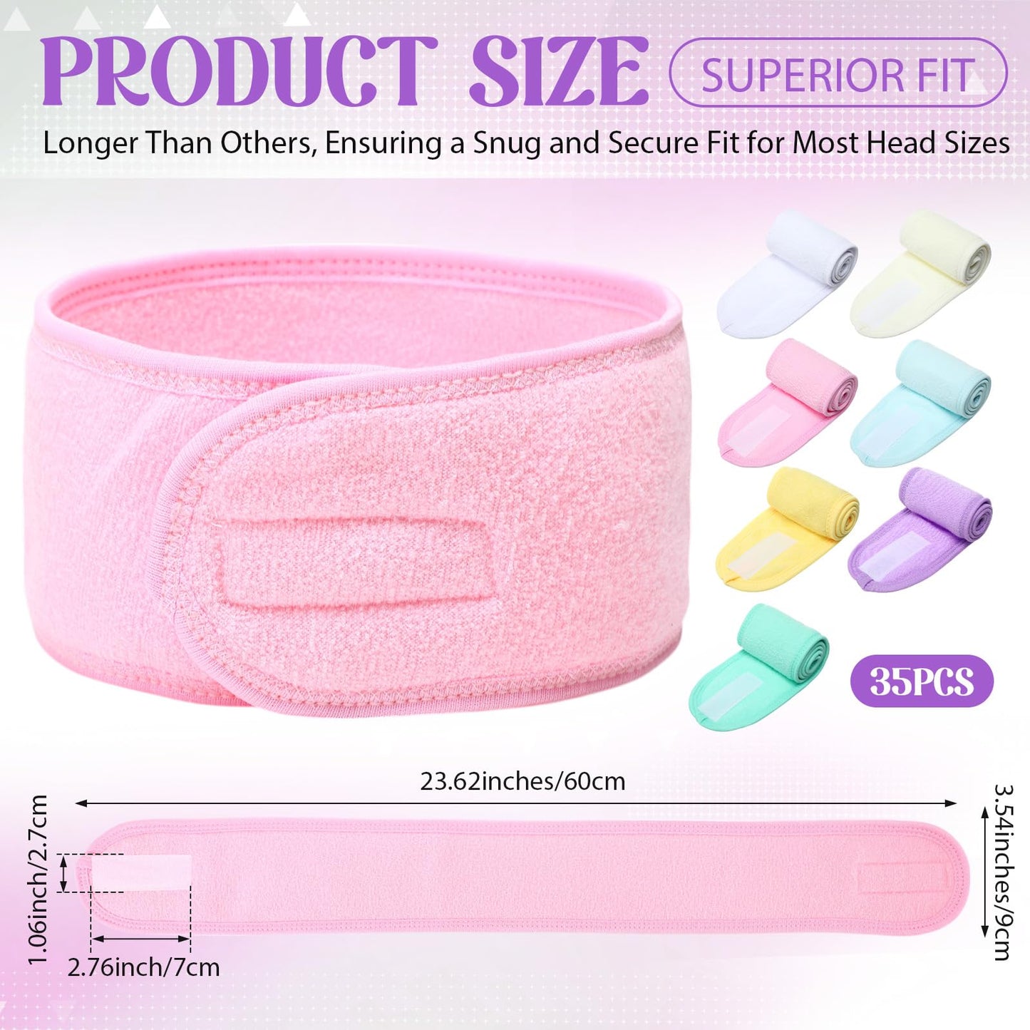 Wavyknot 35 Pack Spa Facial Headband for Women Adjustable Face Wash Makeup Stretch Flannel Headband Bulk with Tape for Women Hair Wrap Towel Skincare Facial Mask Bath and Sport, Macaron Color
