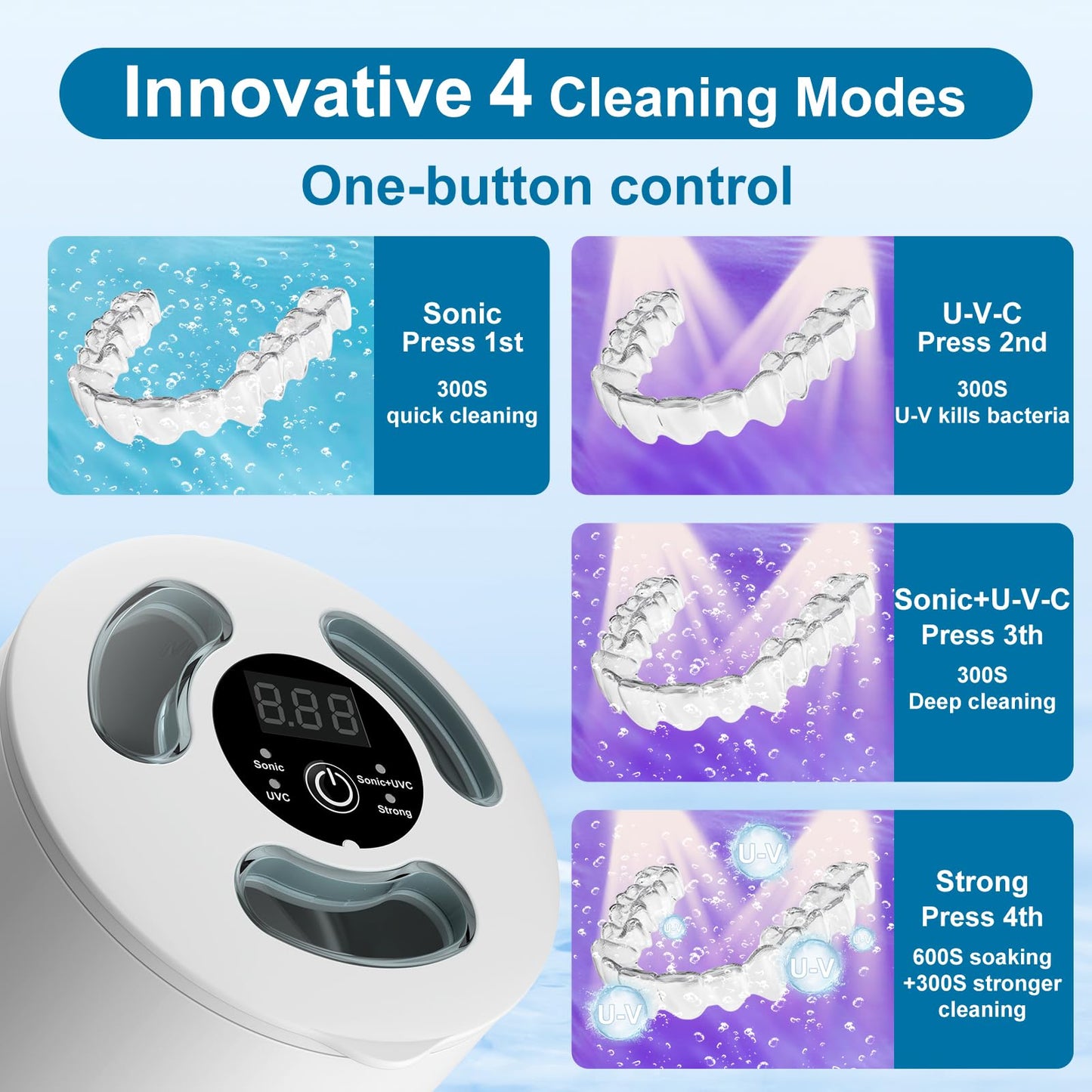 HYCHIKA Ultrasonic Retainer Cleaner Machine with UV,4 Modes,45kHz,200ML Dental Clean Pod for Retainers,Night Guards,Dentures etc.,Iceberg White