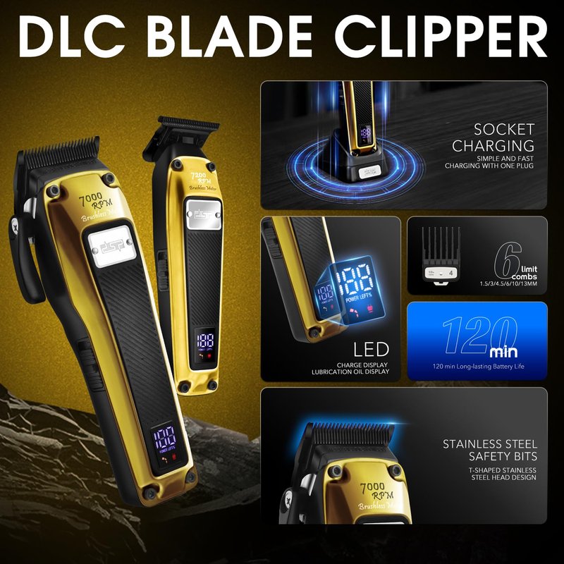 DSP Professional Barber Clipper Cordless, Hair Clipper for Men, Powerful Clipper, BLDC Motor & DLC Coated Detachable Blade with Charging Base