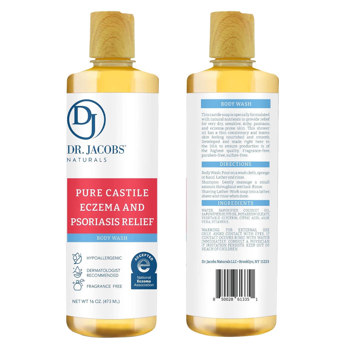 Dr. Jacobs Naturals Hypoallergenic Castile Soap, Dermatologist Tested Unscented Soap for Eczema & Psoriasis Relief - Sensitive Skin Body Wash Vegan & Gluten-Free Formula for All-Day Hydration 16oz-2PK