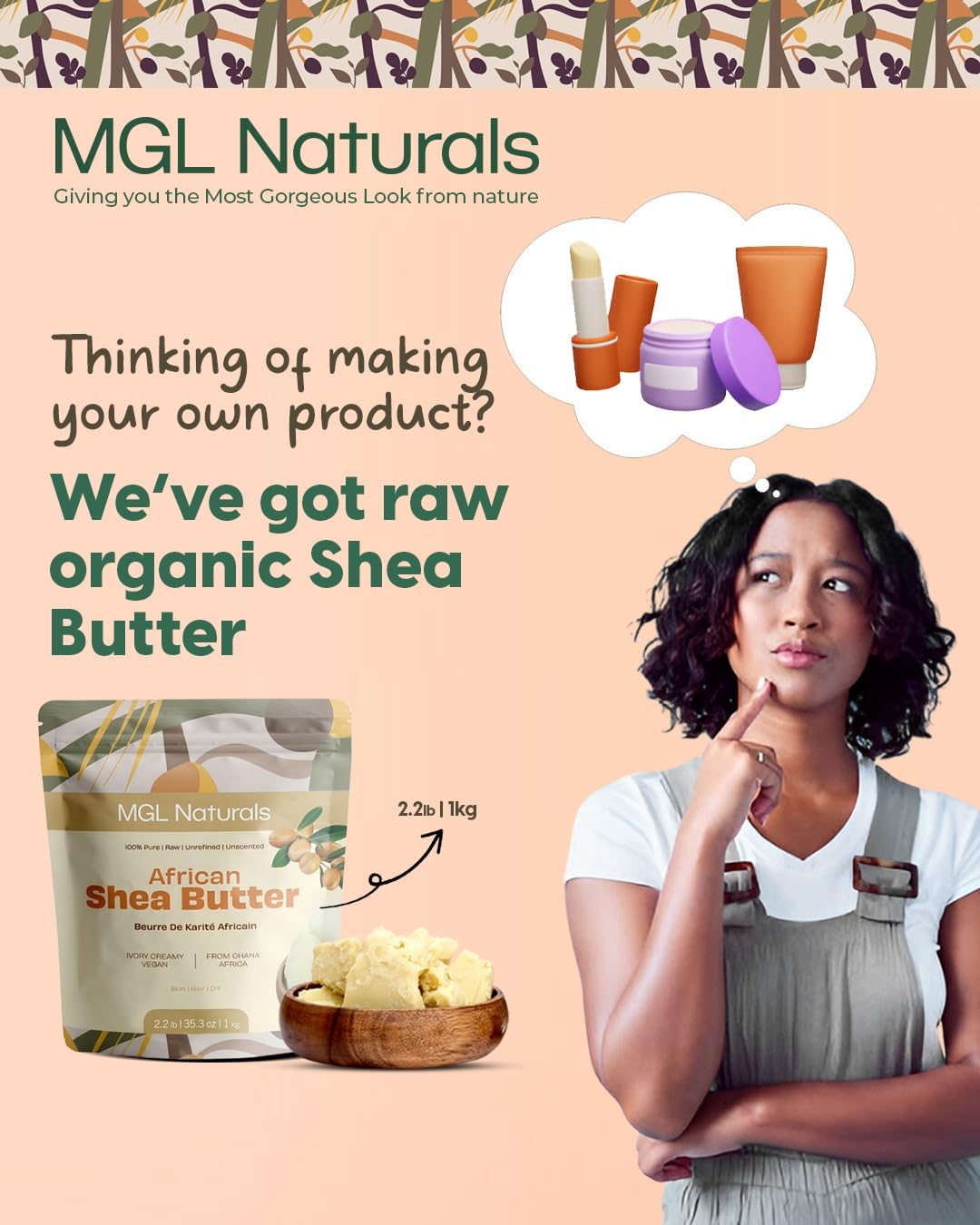 MGL Naturals Raw African Shea Butter Ivory 2.2 lb, 100% Pure, and Unrefined. Nourish and moisturize hair and skin. Use alone or DIY recipes. From Ghana, West Africa. (2.2 lb | 1 kg | 35.3 oz)