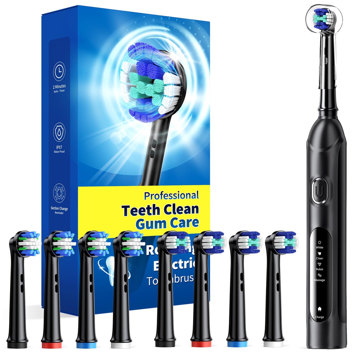 TEETHEORY Rotating Electric Toothbrush for Adults with 8 Brush Heads (2 Types), 4 Modes Deep Clean Electric Toothbrush with Rechargeable Power and 2 Min Smart Timer Black
