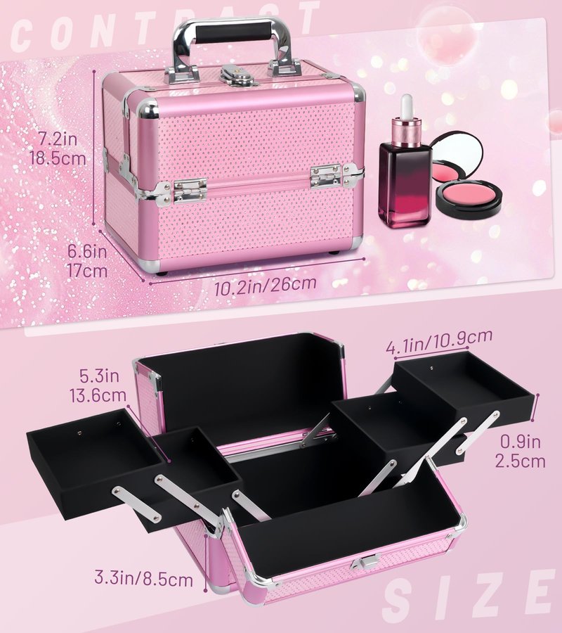 HAISKY Makeup Train Case Cosmetic Organizer Case Makeup Box Portable Make Up Artist Travel Case with 4 Trays Dividers Lockable Hard Train Case Nail Tech Supply Storage - Crystal Pink