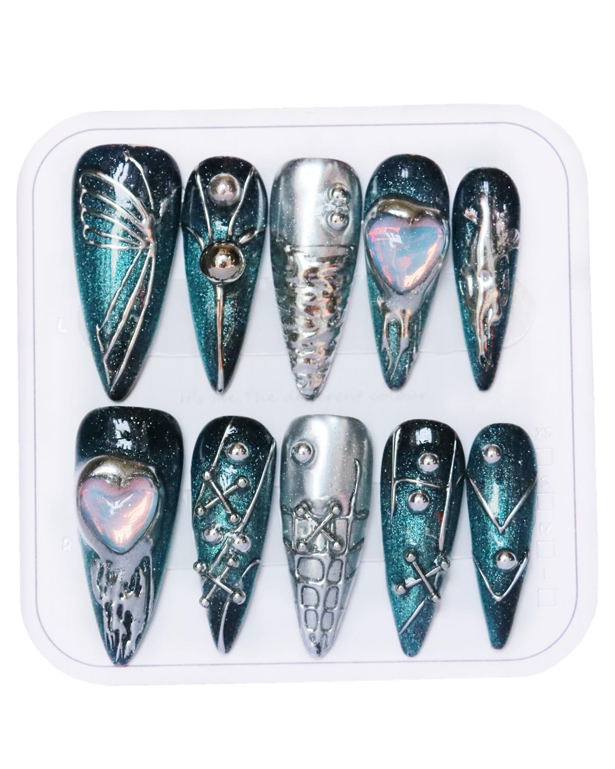 CAMILCY Luxury Handmade Press On Nails Gothic Teal Stiletto Silver Blue Gothic 3D Metal Heart HandPainted Reusable Artificial Salon QualityFalse Nails for Women 10pcs (A46, S)