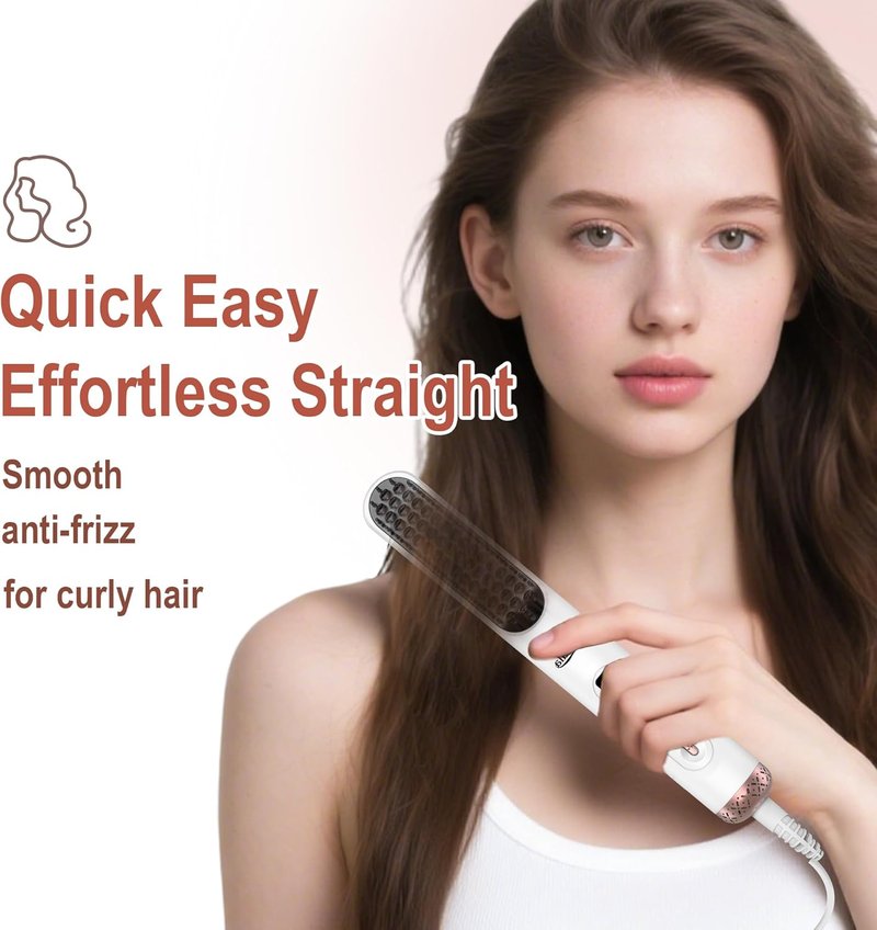 Ionic Hair Straightener Brush - Anti-Frizz Straightening Comb with 10 Temp Settings | Fast Heating, Dual Voltage