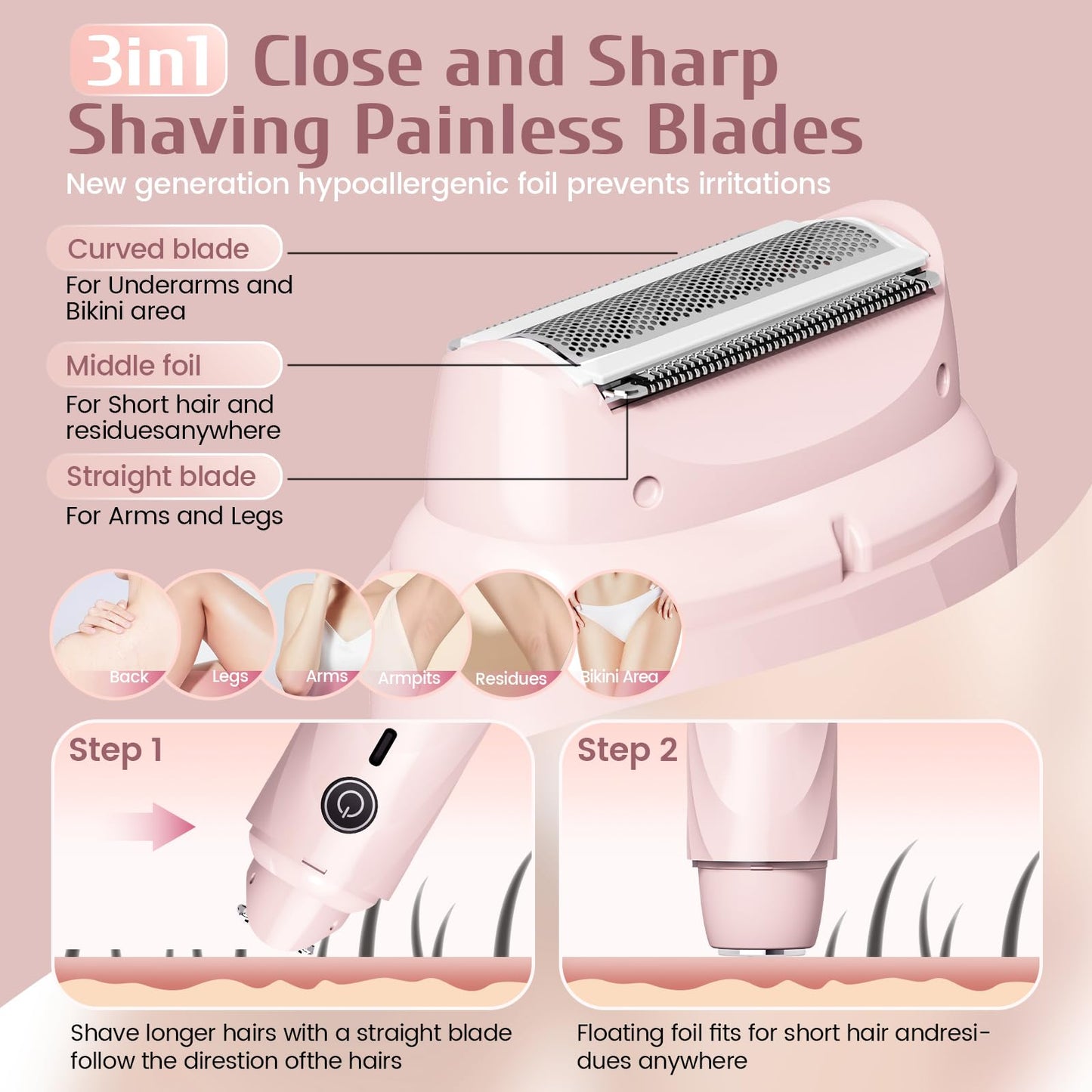 Asbyte 4-in-1 Electric Razor for Women, Bikini Trimmer & Facial Hair Remover, Rechargeable Cordless Dual-Head Shaver, IPX7 Waterproof, Painless & Hypoallergenic for Sensitive Areas, Pink