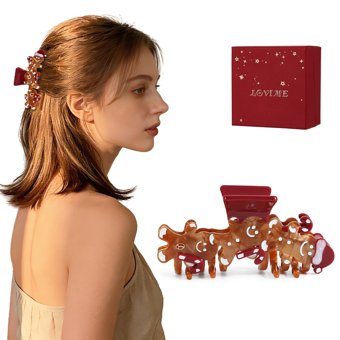 LOVIME Large Hair Clips for Women Premium, Cute Gingerbread Claw Clips for Thick Thin Long Hair Girls, No Slip Hair Clip 4 Inch, Hair Accessories For Mothers Day Gifts for Mom with Gift Box