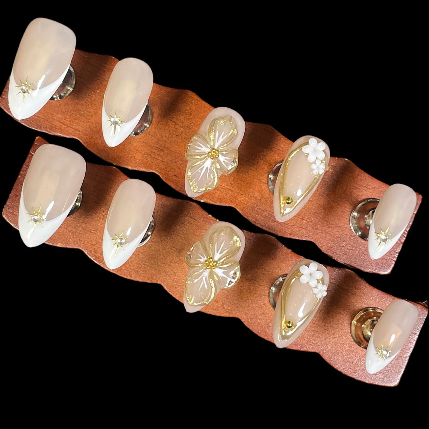 Handmade Press On Nails Medium Almond Shape White French 3D Floral & Star Design with Gold Accents | Elegant Fake Nails Reusable Acrylic Nail Tips with Crystals & Soft Beige Base (Elegant White, S)