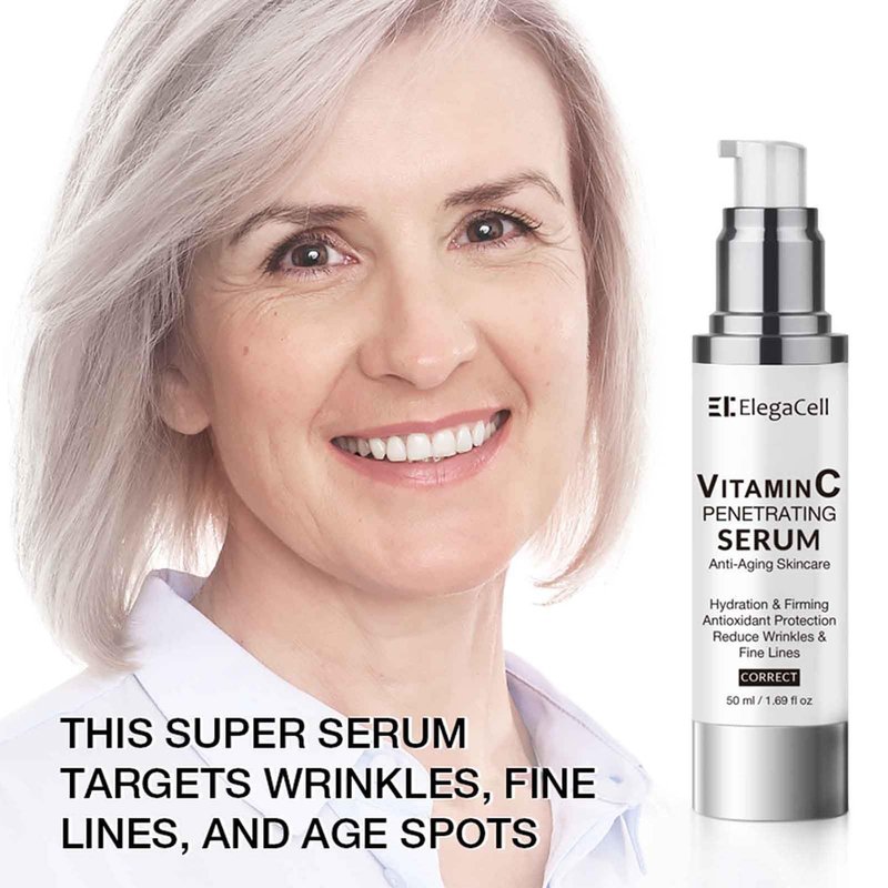 ElegaCell Super Vitamin C Serum for Women Over 70 - All-in-One Hydrating Anti-Aging Formula by Vitamin C, Hyaluronic Acid, Caffeine-Firming, Hydrating,Lifting, Face Wrinkles 1.69 fl oz pack of 2