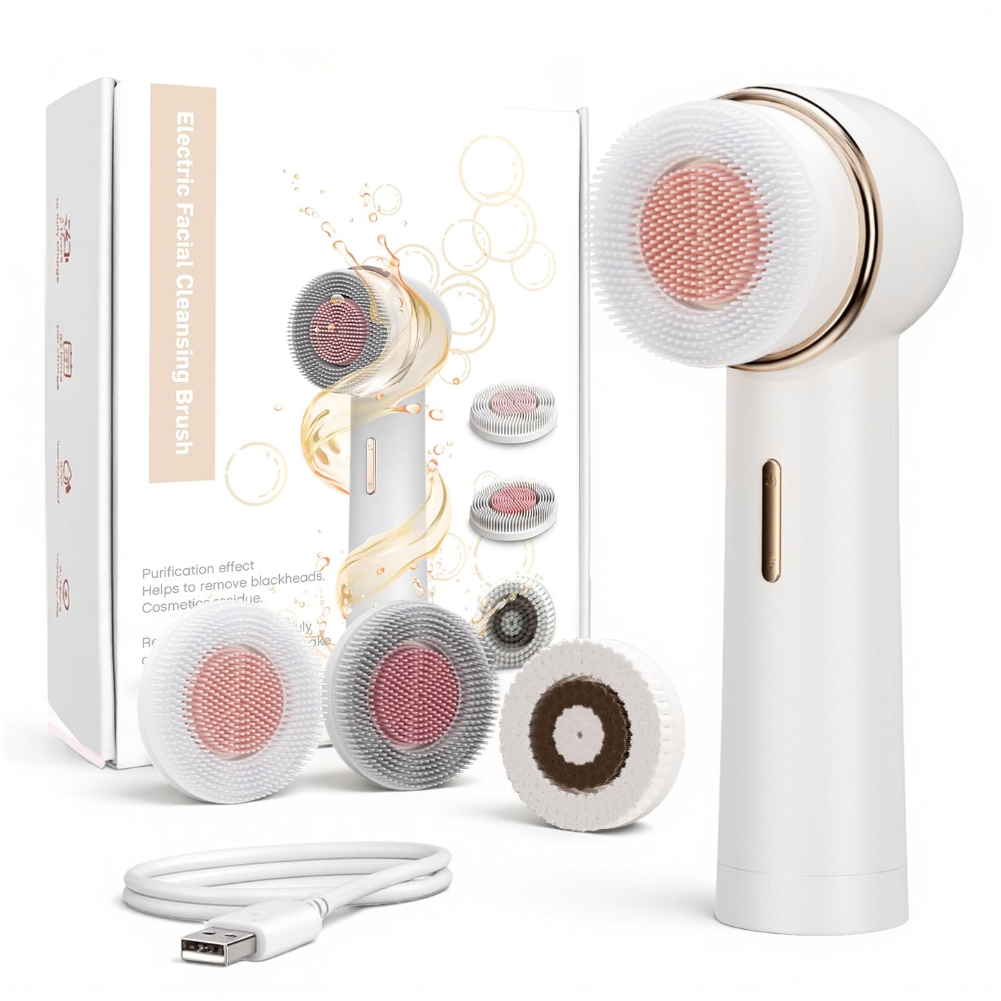 Electric Facial Cleansing Brush, Rechargeable Waterproof Dual Rotating Face Scrubber with 3 Interchangeable Heads, Soft Silicone Face Brush, White