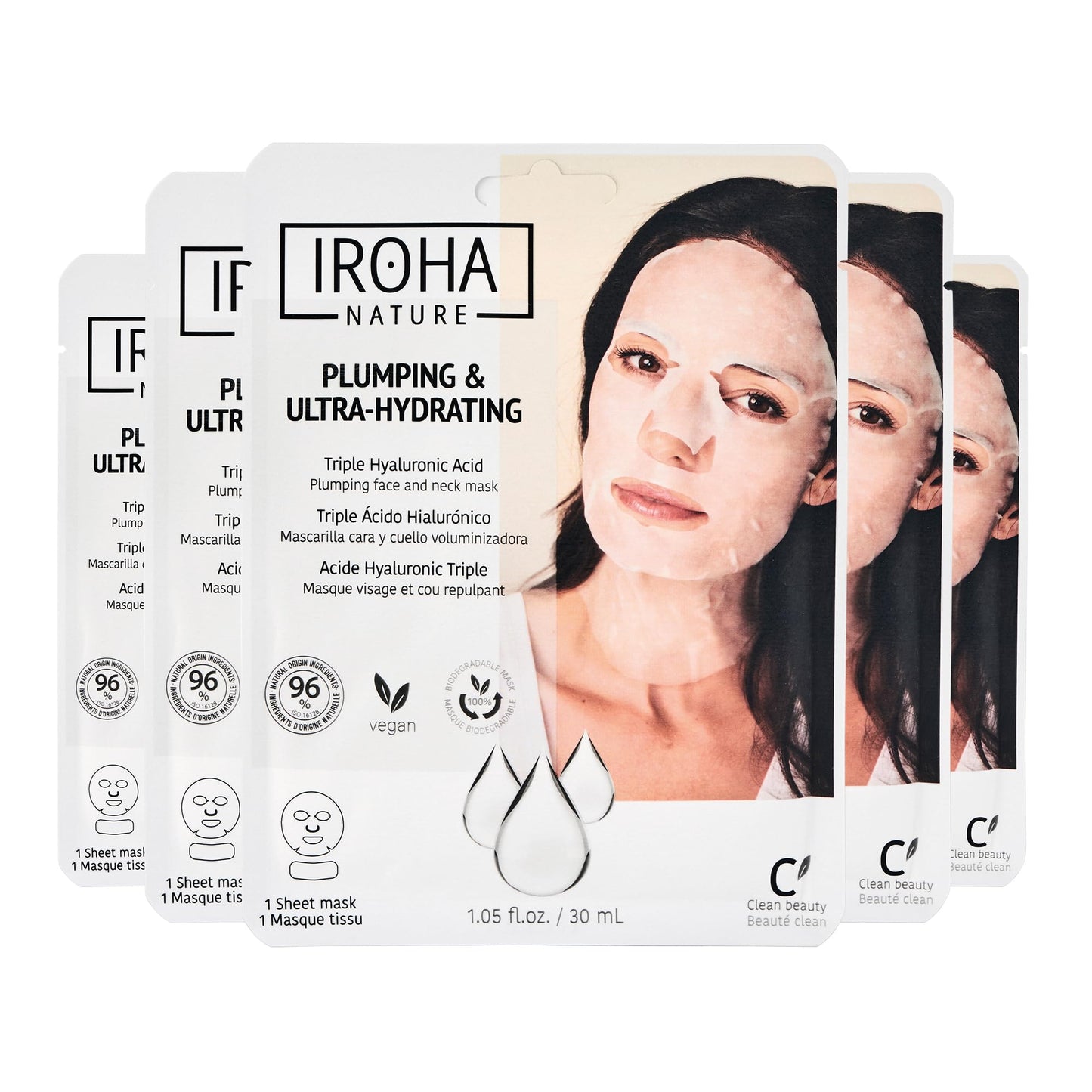 IROHA NATURE Replumping & Anti-Aging Tissue Face Mask (Pack of 5) | With Triple Hyaluronic Acid | Deep Hydration & Anti-Aging Effect | For Softer Skin | 100% Vegan