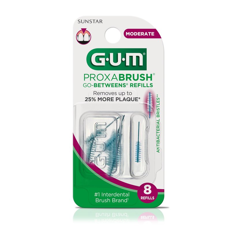 GUM Proxabrush Go-Betweens Moderate Refills – Compatible with GUM Permanent Handle, Soft Bristle Interdental Brushes for Plaque Removal, Gum Health & Braces Care, 8 Count (Pack of 6)