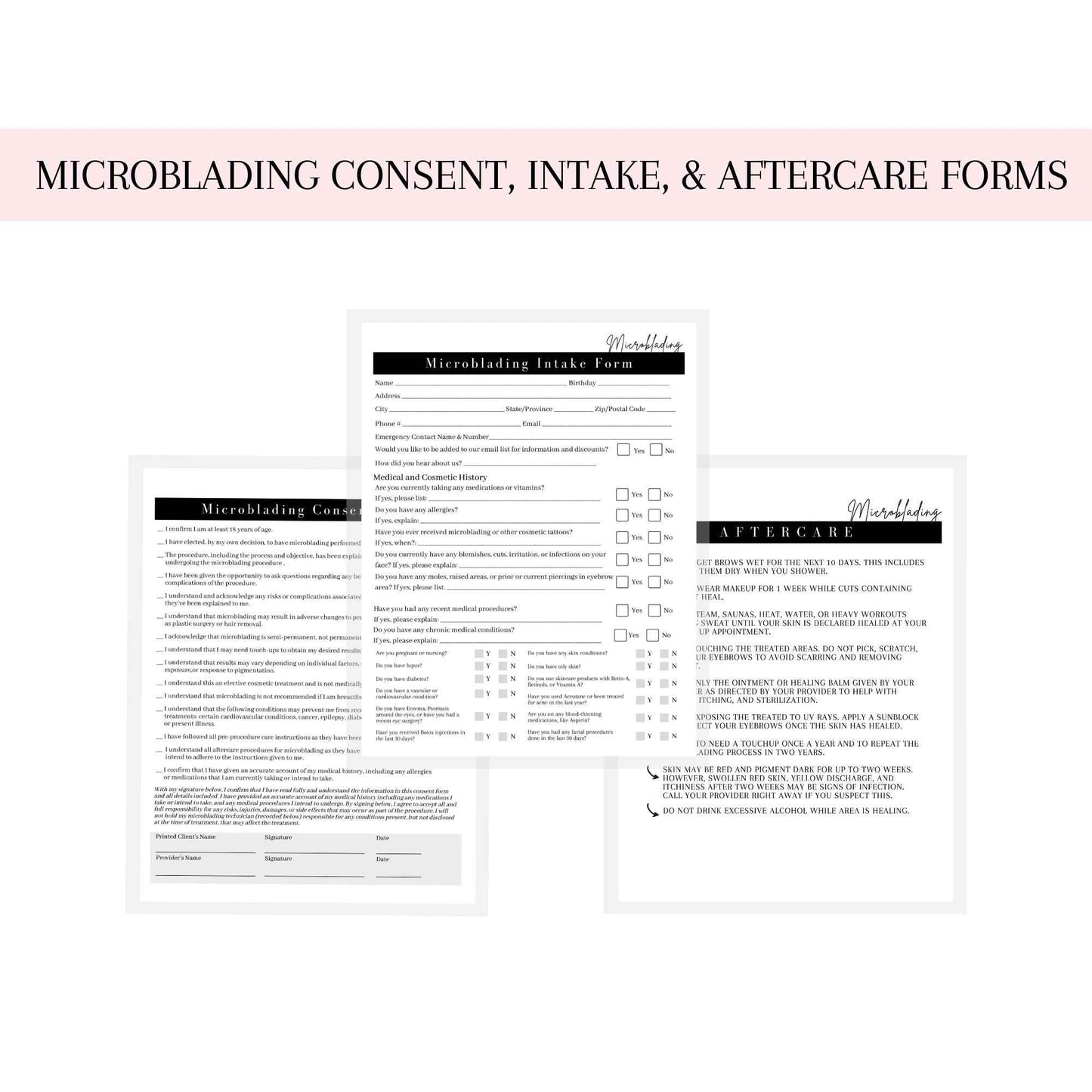 Microblading Intake, Consent, and Aftercare Form | 75 Pack | 8.5 x 11" A1 Forms | Clients Signature | Consent Forms for Microblading | Clients Signature | Minimalist Design