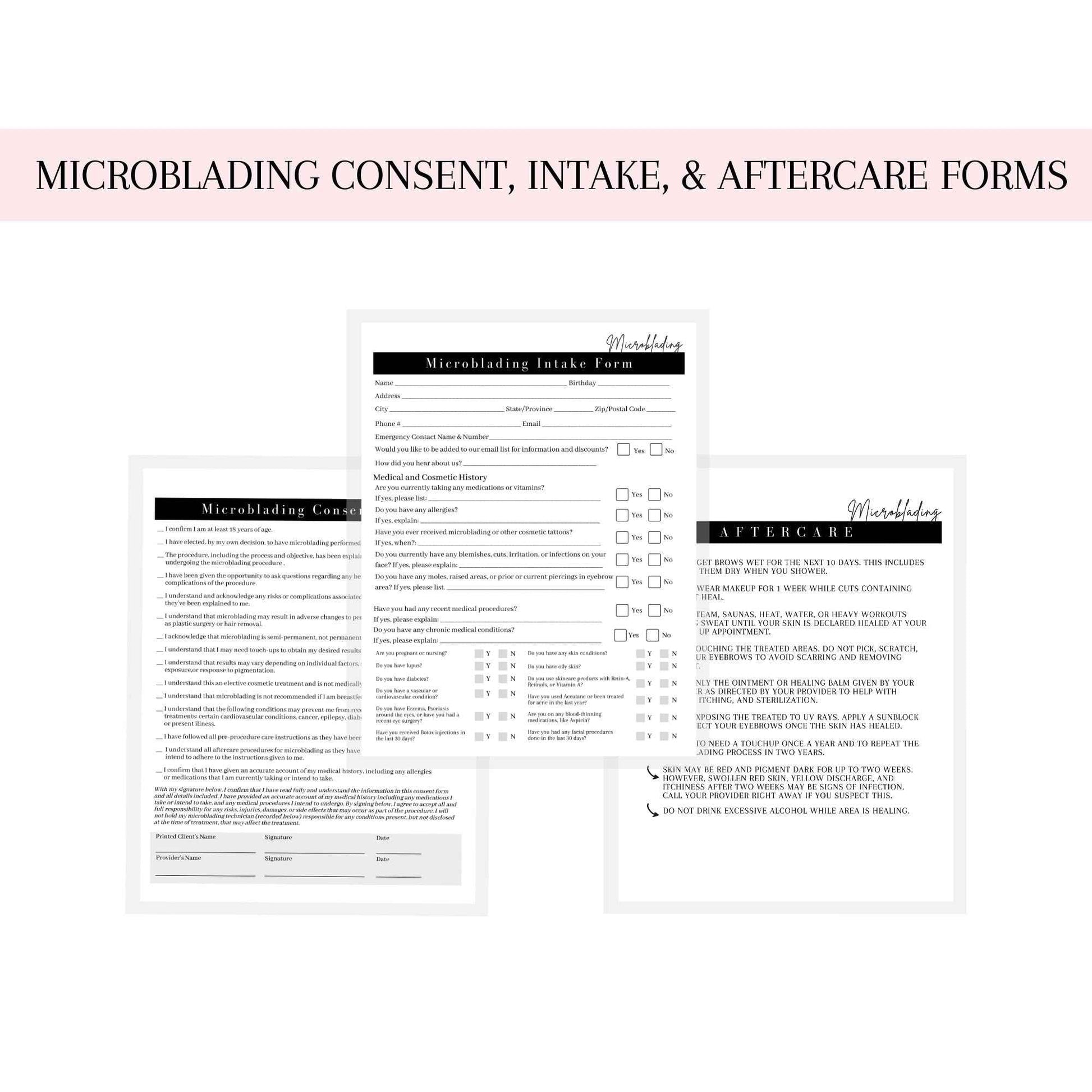 Microblading Intake, Consent, and Aftercare Form | 75 Pack | 8.5 x 11" A1 Forms | Clients Signature | Consent Forms for Microblading | Clients Signature | Minimalist Design
