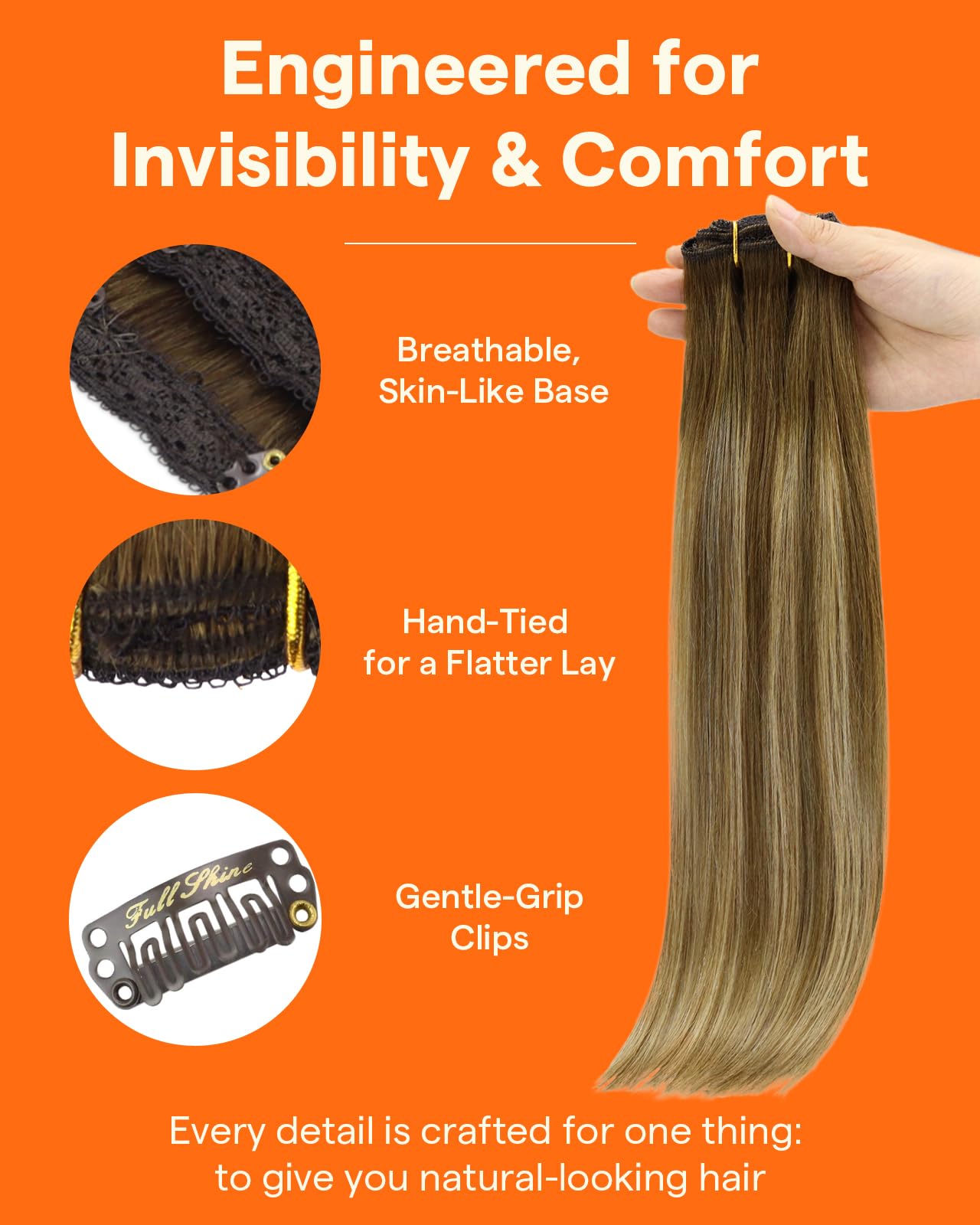 Full Shine Human Hair Extensions Clip Ins Ombre, 16 Inch 3 Pcs 60g