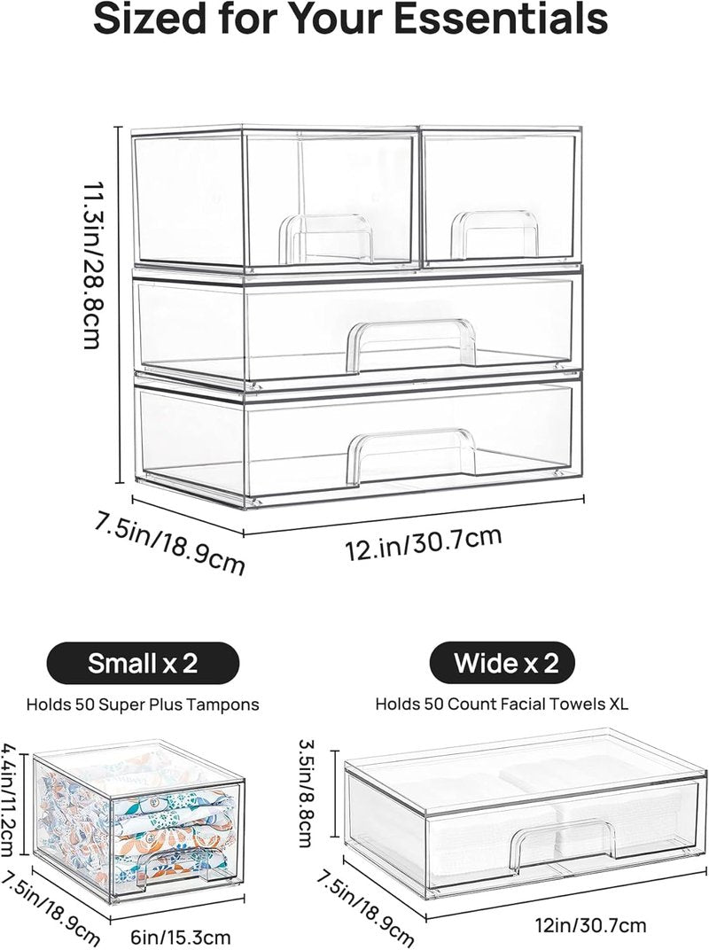 Stackable Storage Drawers - Clear Plastic Organizer Bins for Bathroom, Pantry & Laundry Room | Set of 4