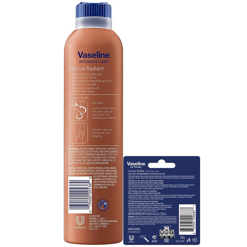 Vaseline Cocoa Radiant Spray 4-Pack + Cocoa Butter Lip Therapy Stick for Soft, Smooth Skin & Lips