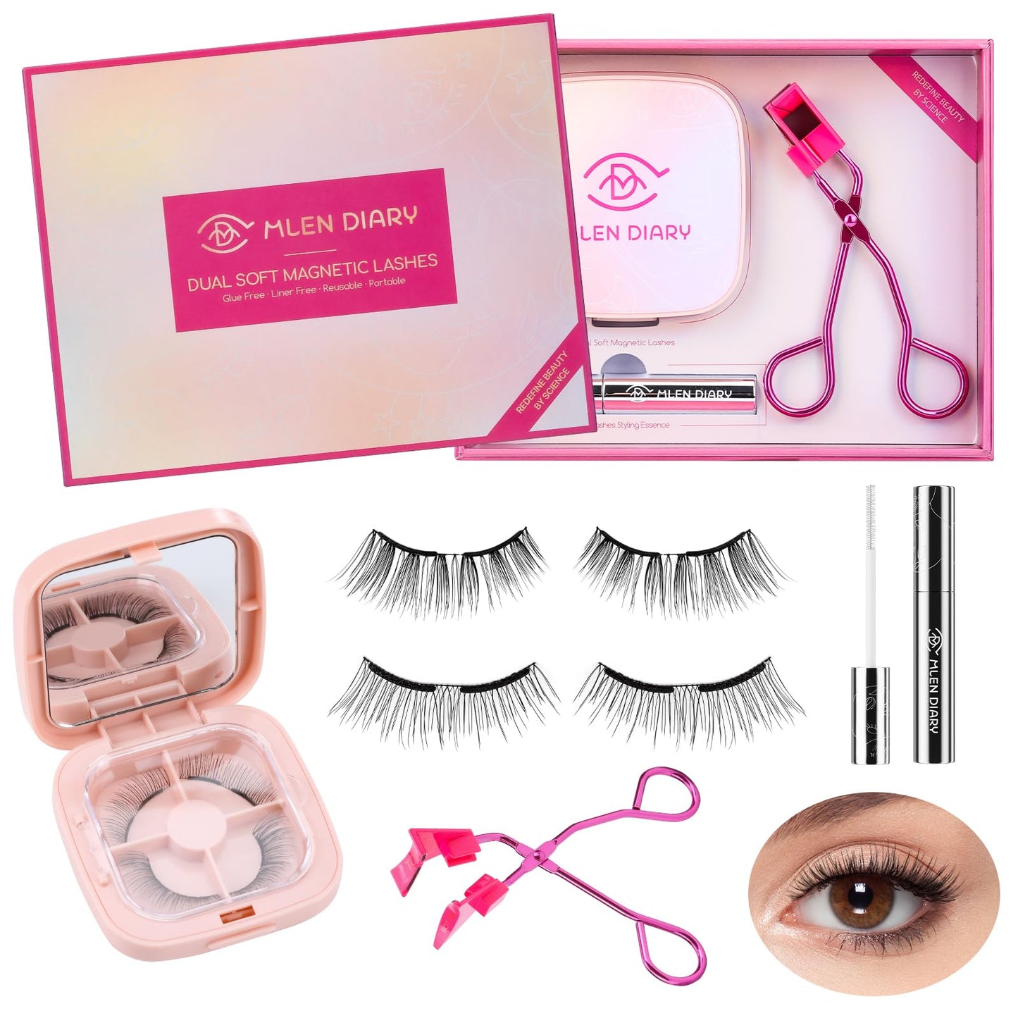 Dual Magnetic Eyelashes, Magnetic Eyelashes Without Eyeliner 4D Natural Look Reusable Easy to Wear, Soft Magnets False Eyelashes with Applicator No Glue, Charming Queen