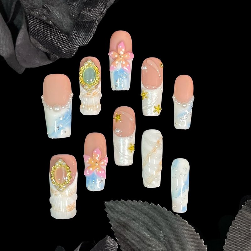 Handmade Press On Nails - Pink 3D Floral & Gold Decor | Medium Long Square Reusable Acrylic Tips (Petal Mirage, Size S)
