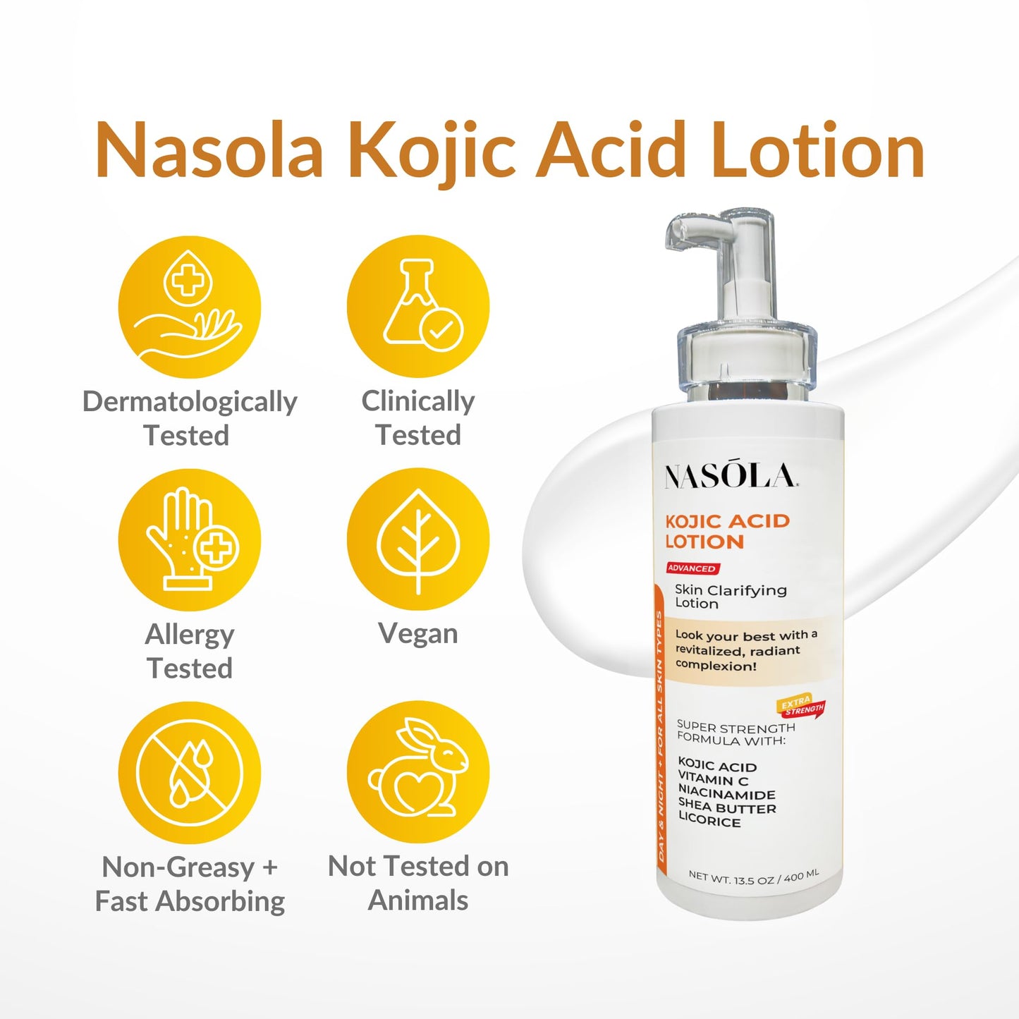 Nasola Kojic Acid Lotion Natural Skin Clarifying for Face & Body with Vitamin C, Niacinamide, Shea Butter, Licorice & Green Tea for Complexion Revitalization, Body Lotion Women & Men
