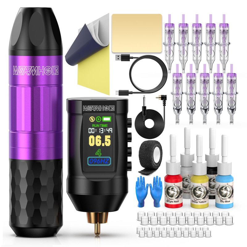 Wormhole Tattoo 1,800mAh Tattoo Battery Tattoo Gun Kit Wireless Tattoo Machine Kit Complete Tattoo Kit Tattoo Pen Kit with LED Digital Display for Artist WTK286