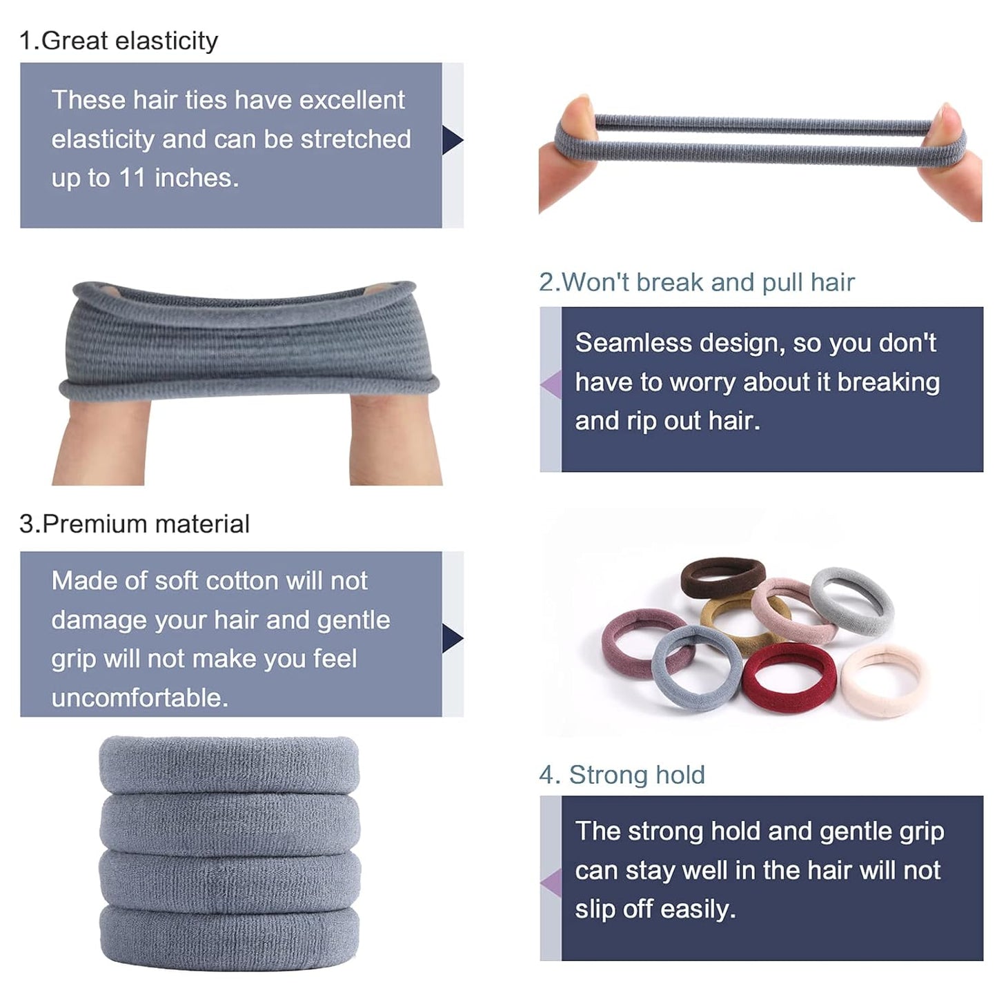 100PCS Black Hair Ties for Women, No Crease No Damage, Seamless Cotton Bands for Thick Thin Hair, Soft Ponytail Holders, Accessories for Girls