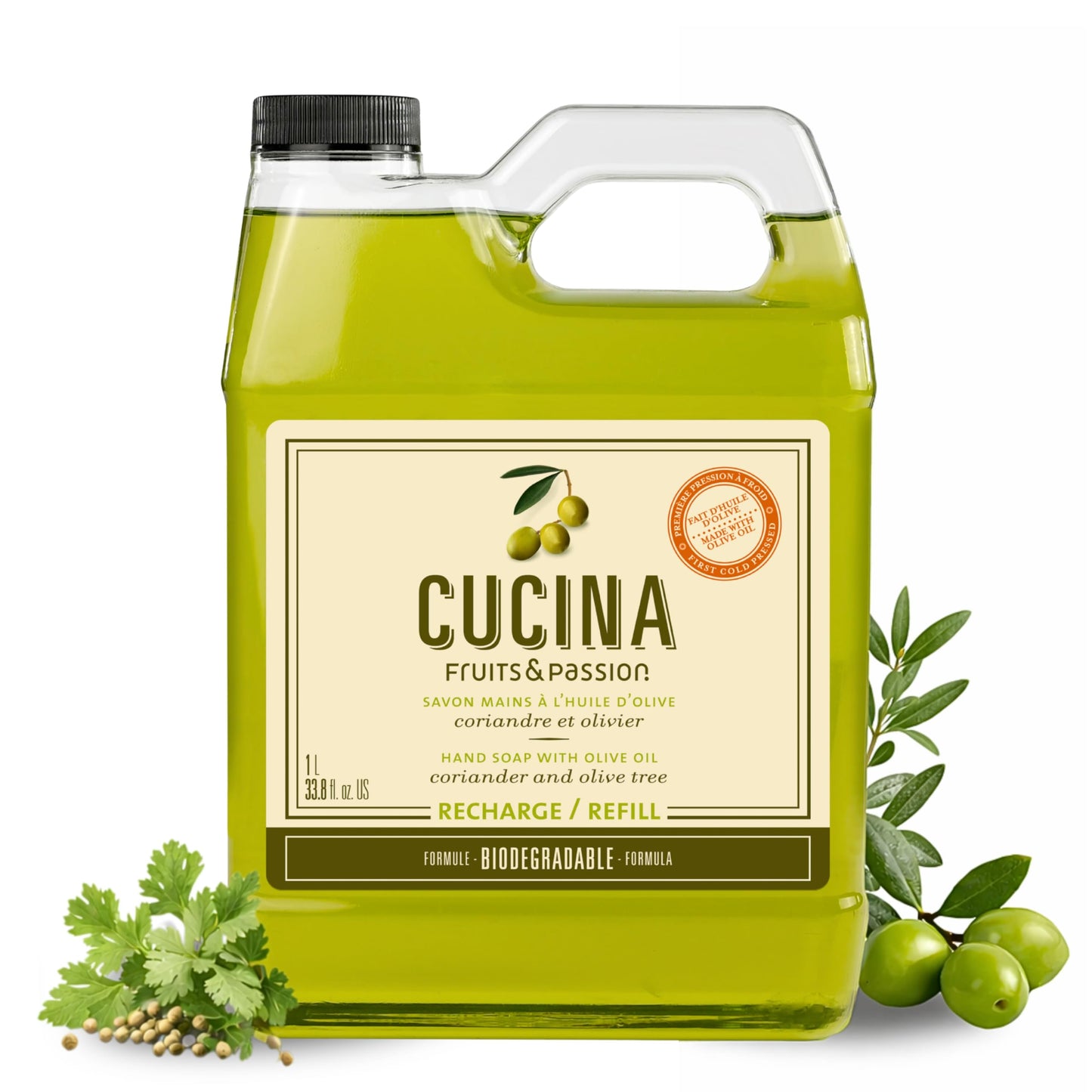 Cucina Fruits & Passion Hand Soap Refill, Coriander & Olive Tree, 1 L (33.8 fl oz), Liquid Hand Soap with Moisturizing Olive Oil, Biodegradable, Vegan Formula, Kitchen & Bathroom