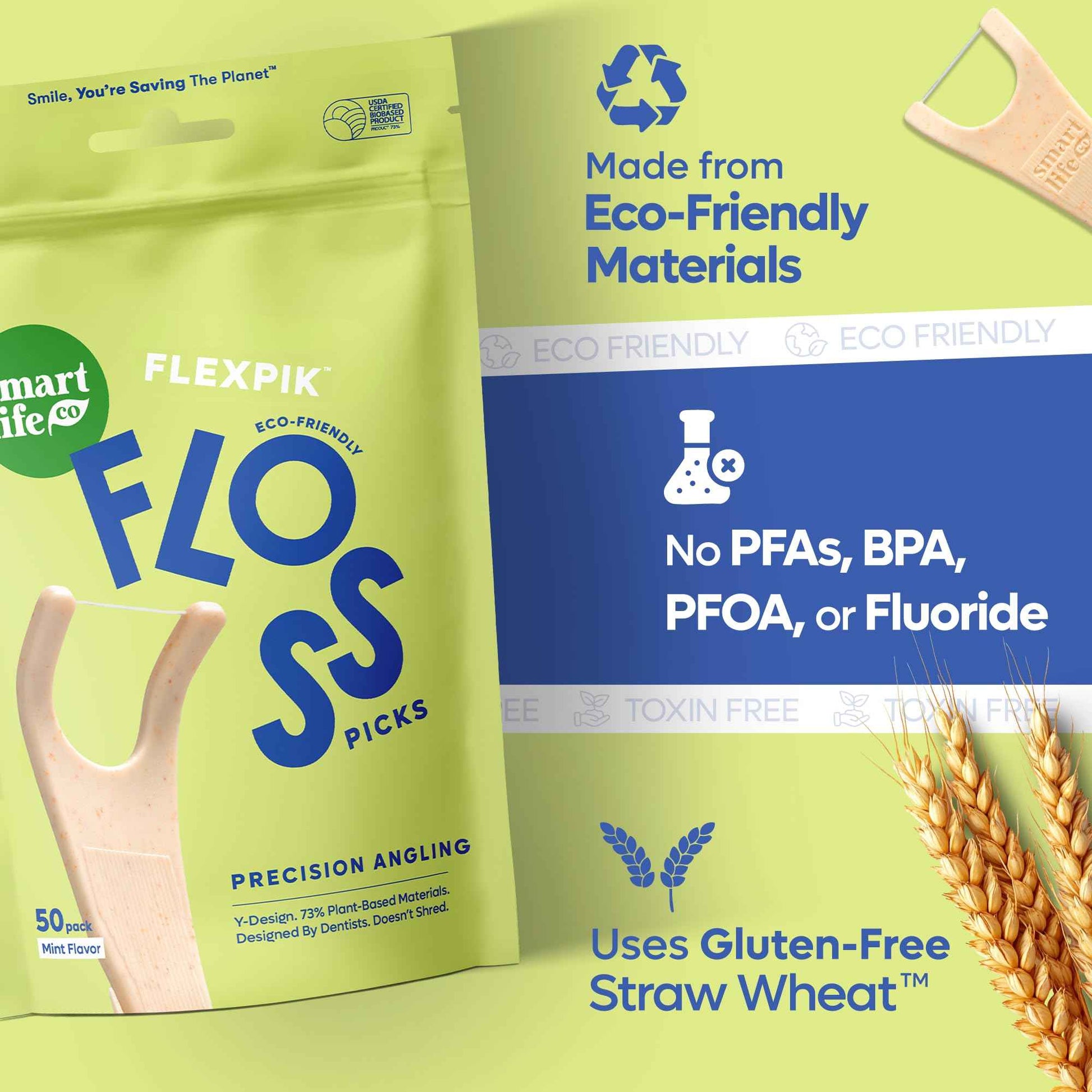SmartLifeco Eco-Friendly Angled Dental Floss Picks (200ct) - Made with Straw Wheat Blend, Superior Anti-Shred Thread for Molars & Back Teeth, Tooth Pick Stick for Adults, Soft on Gums, Vegan, Mint